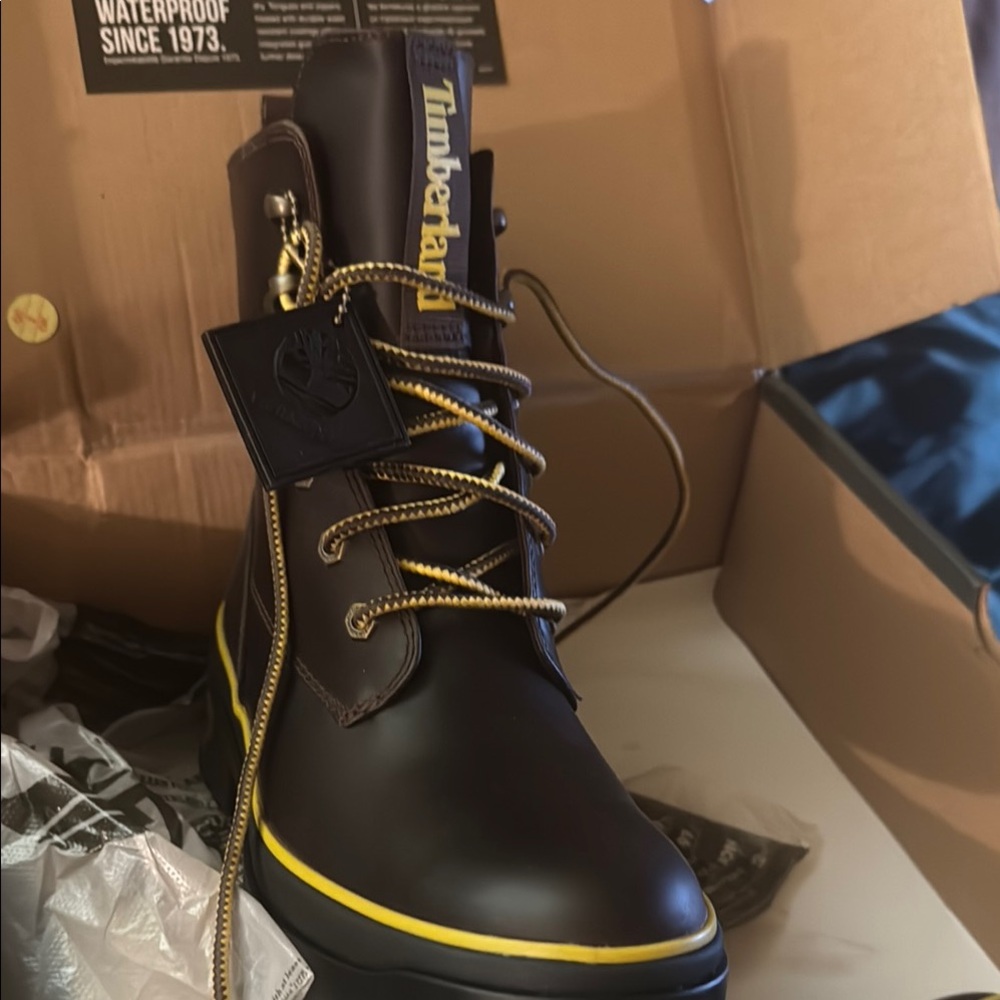 Timberland Brown Lace Up Boots with Yellow Accents